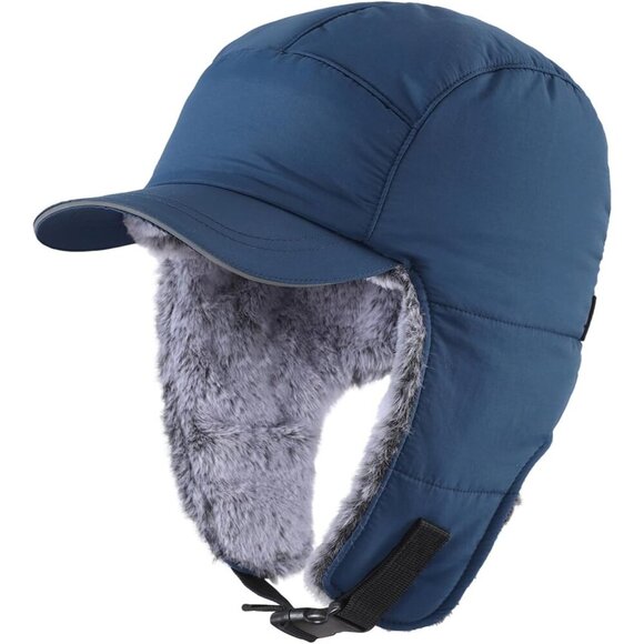 Men's Dark Blue Trapper Ear Flaps Winter Warm Windproof Faux Fur Lined Hat